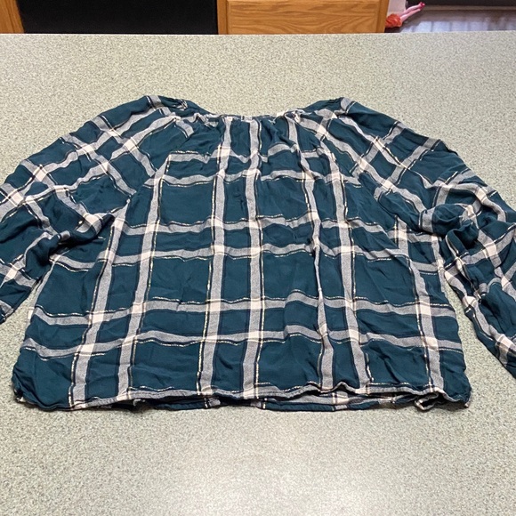 LOFT Green /gold /white Plaid V-Neck Blouse - Picture 3 of 5